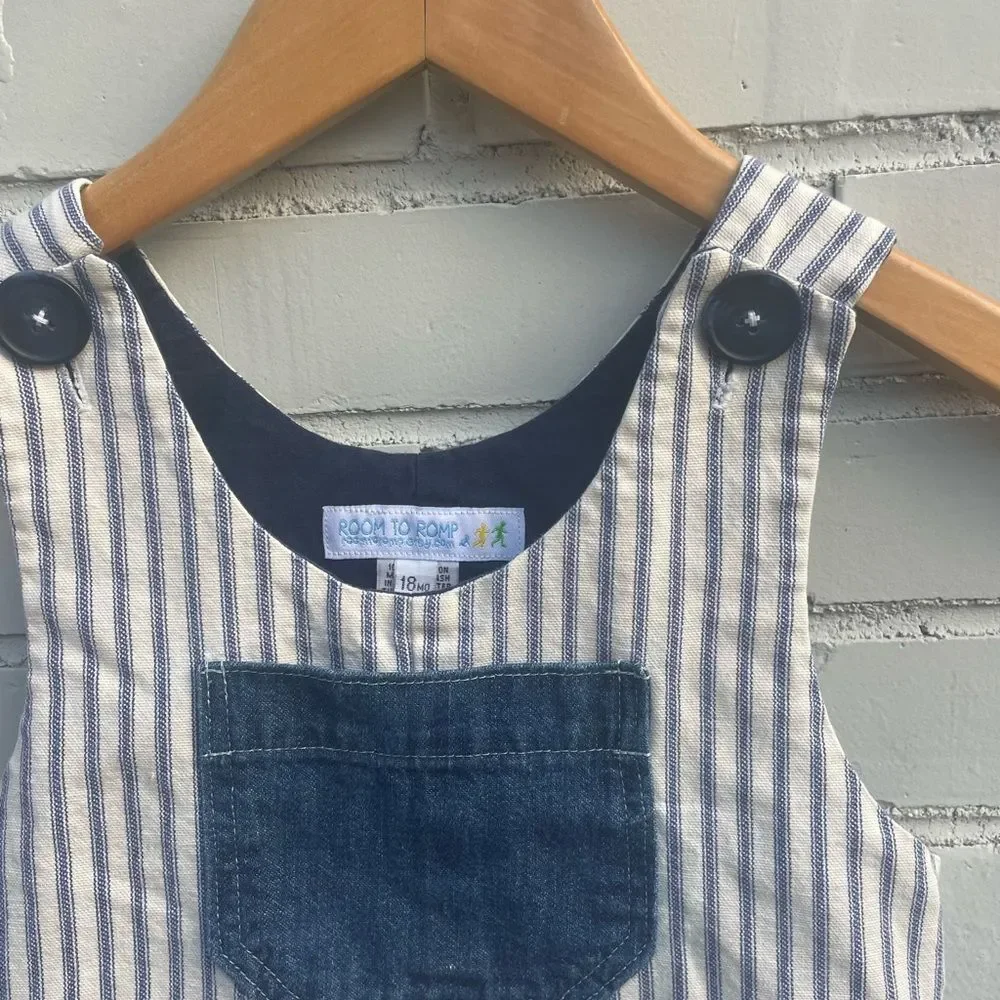 Room to Roup Baby Blue white Lined overalls striped denim Button Overalls Sz 18m